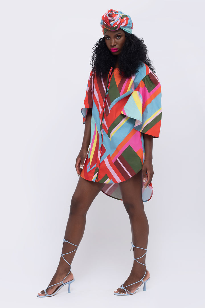 Paradise Geometric Print Fan Sleeve Dress - front view 6