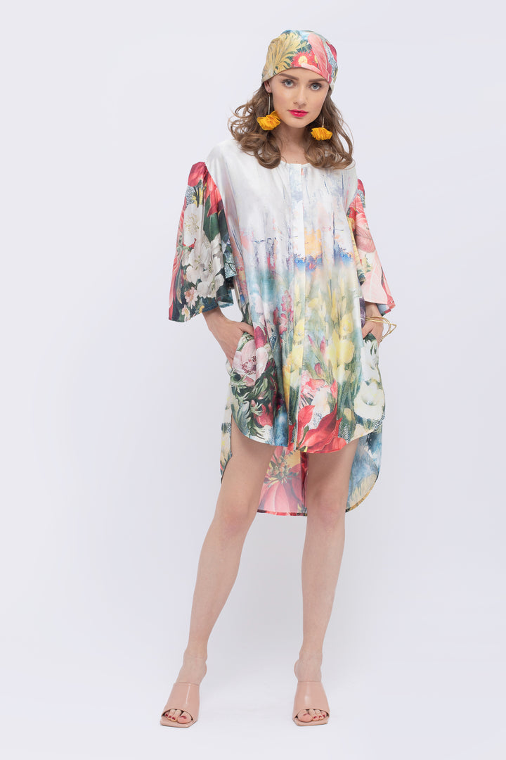 Magnolia Floral Print Fan Sleeve Dress - front view 6