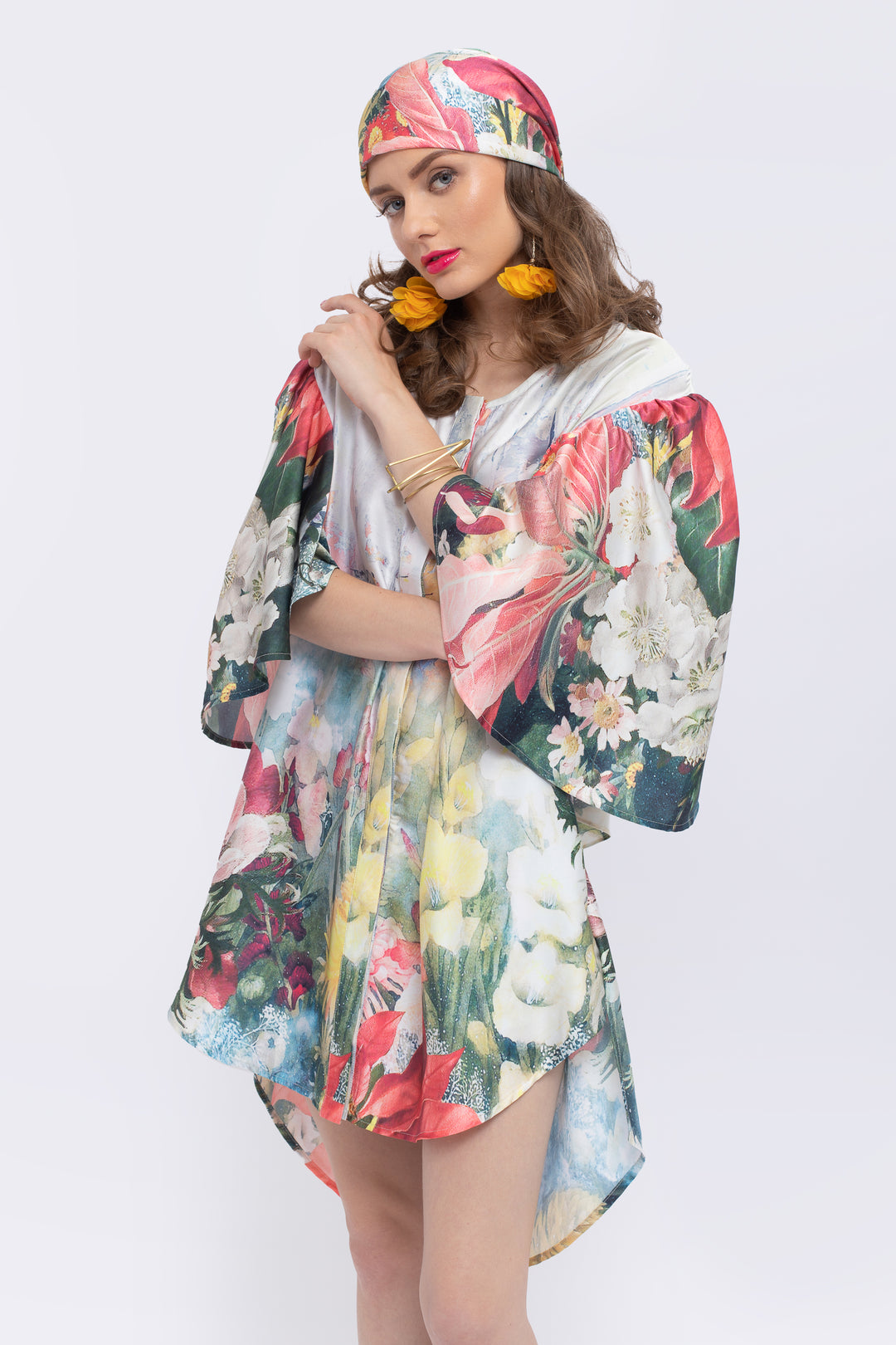 Magnolia Floral Print Fan Sleeve Dress - front view 7