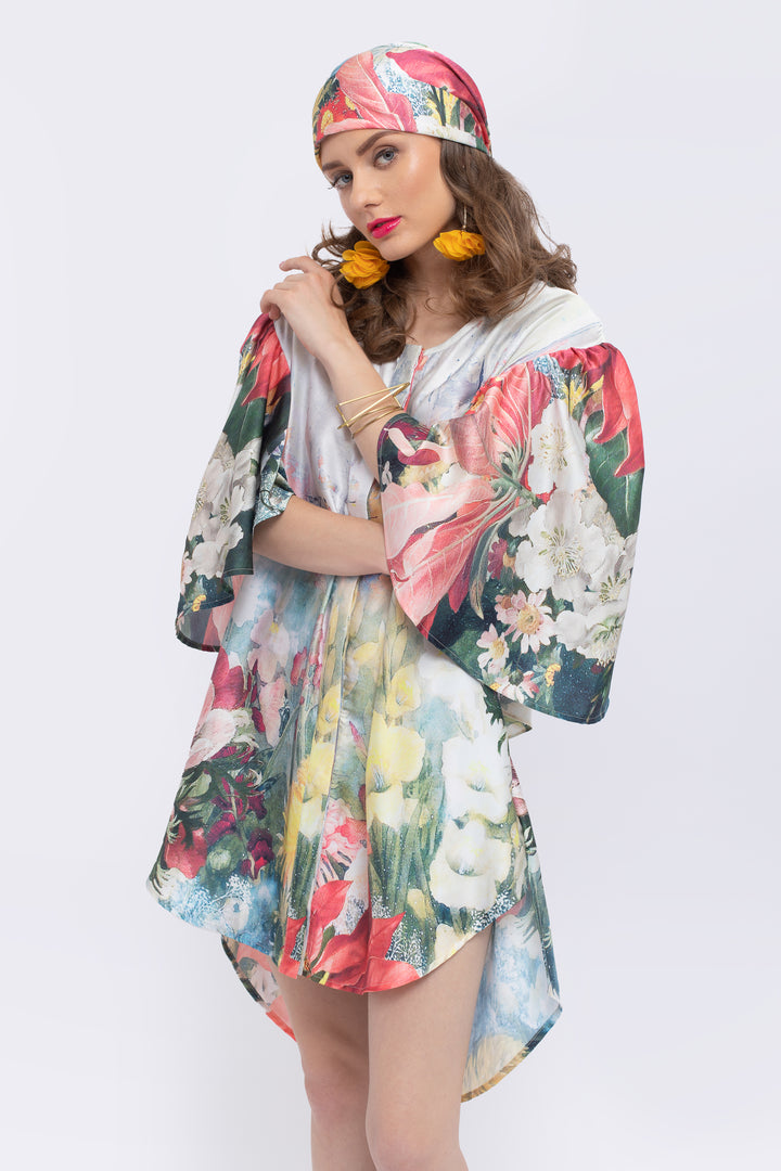 Magnolia Floral Print Fan Sleeve Dress - front view 7