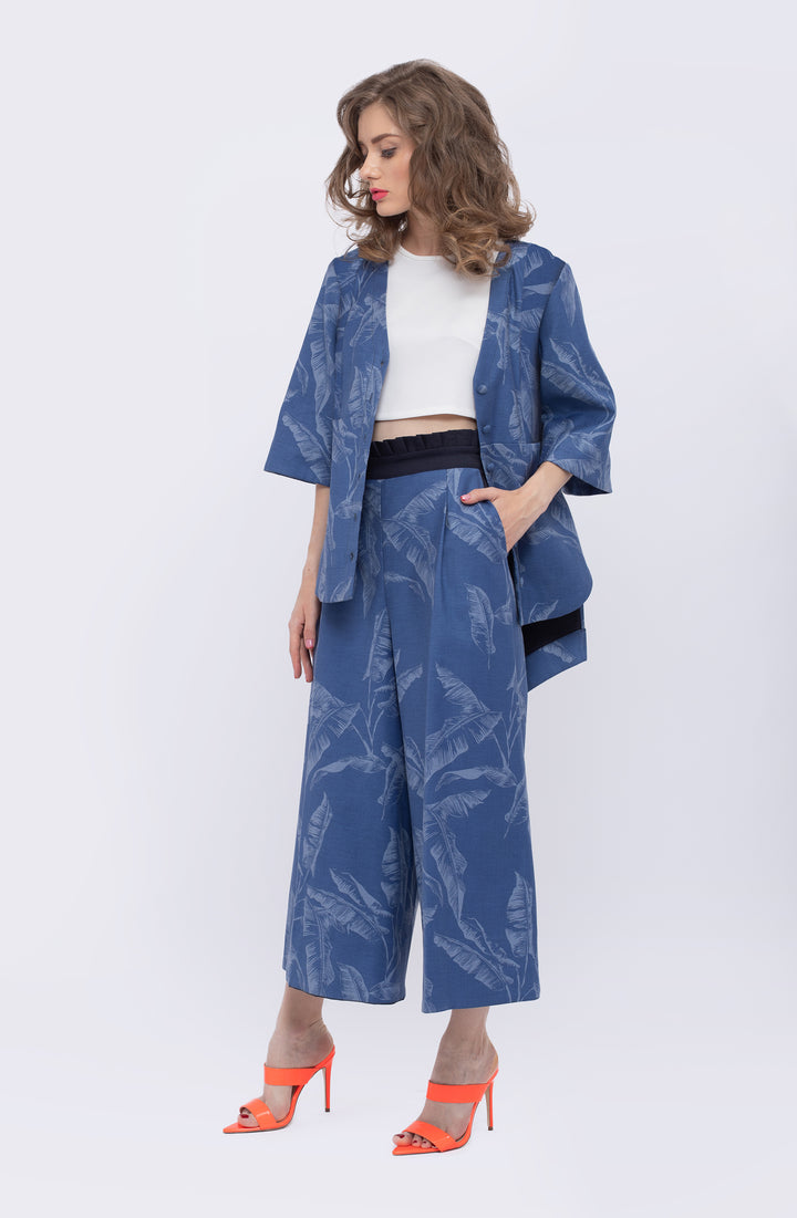 Bayou Palms Print Denim Handkerchief Hem Top - front view 4