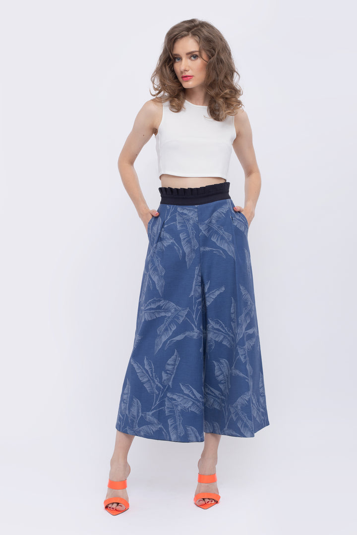 Bayou Palms Print Denim Paperbag Waist Pant - front view