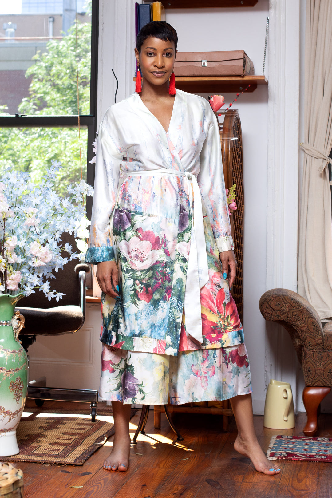 Magnolia Floral Print Paperbag Waist Pant - front view