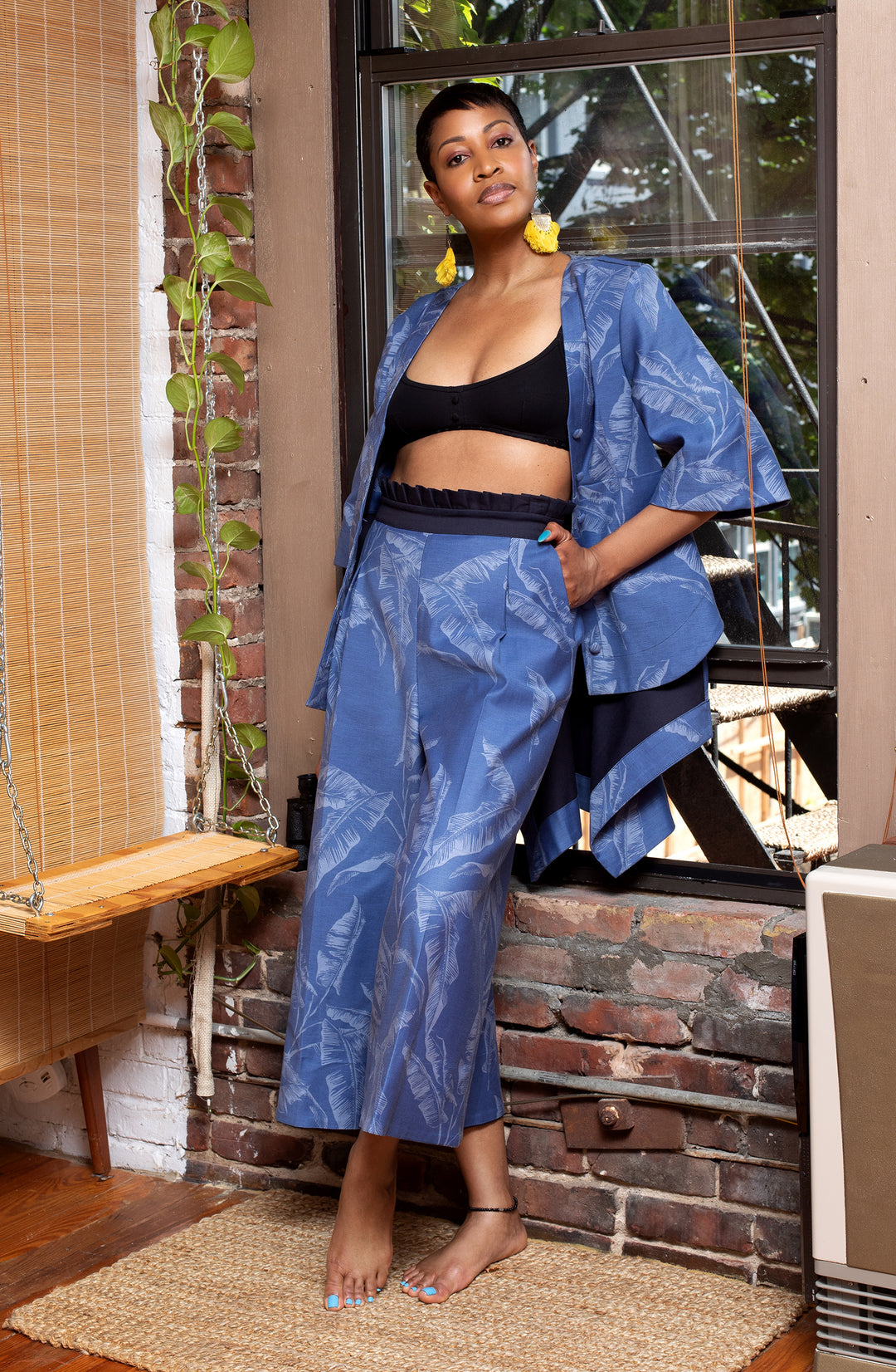 Bayou Palms Print Denim Paperbag Waist Pant - front view 2