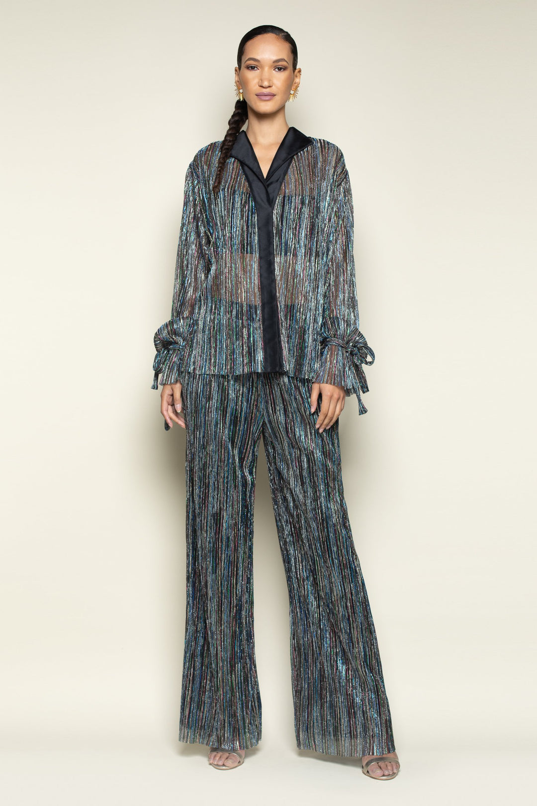 Rainbow Shimmer Pleated Tie Sleeve Tuxedo Top - front view 1