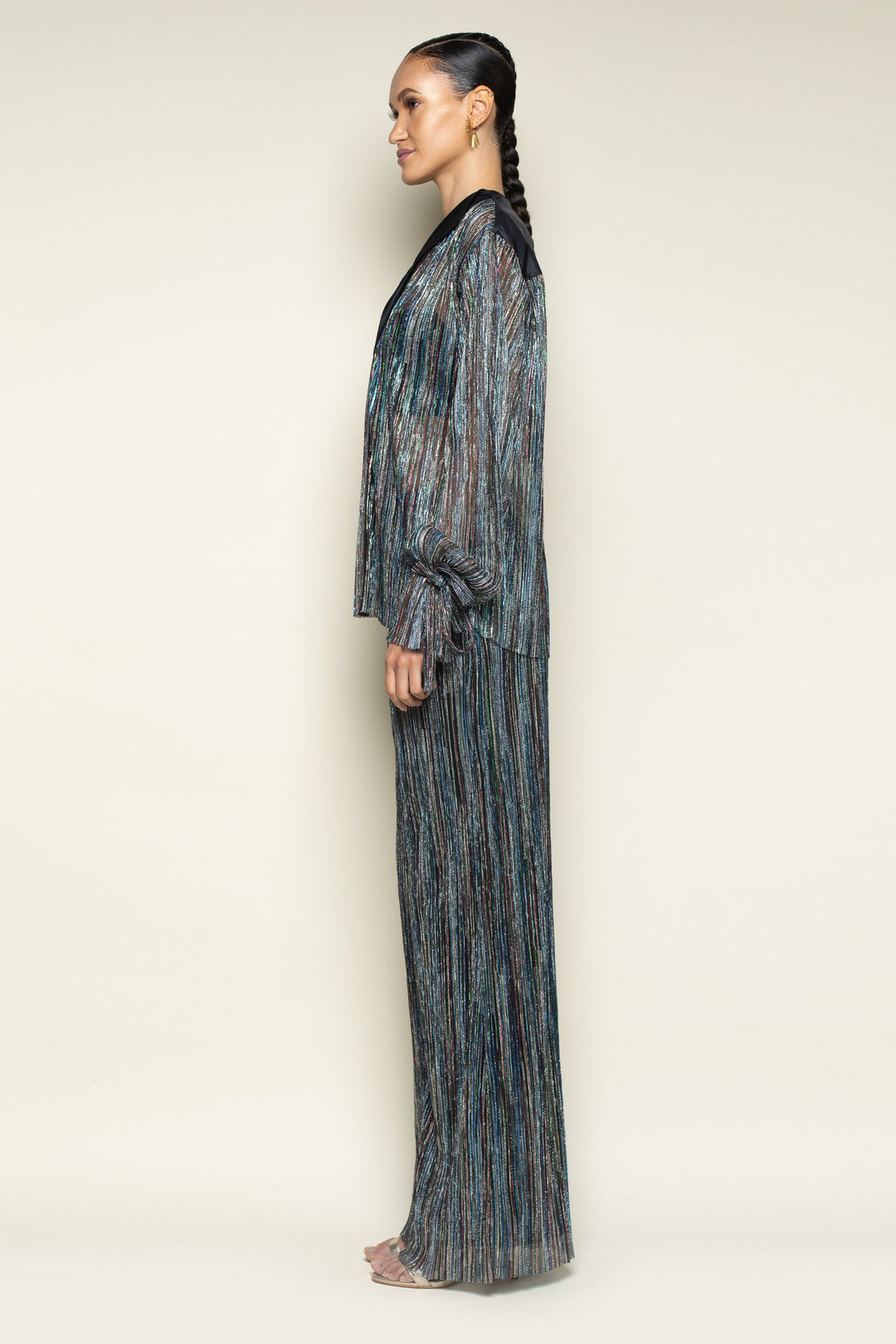 Rainbow Shimmer Pleated Tie Sleeve Tuxedo Top - left view