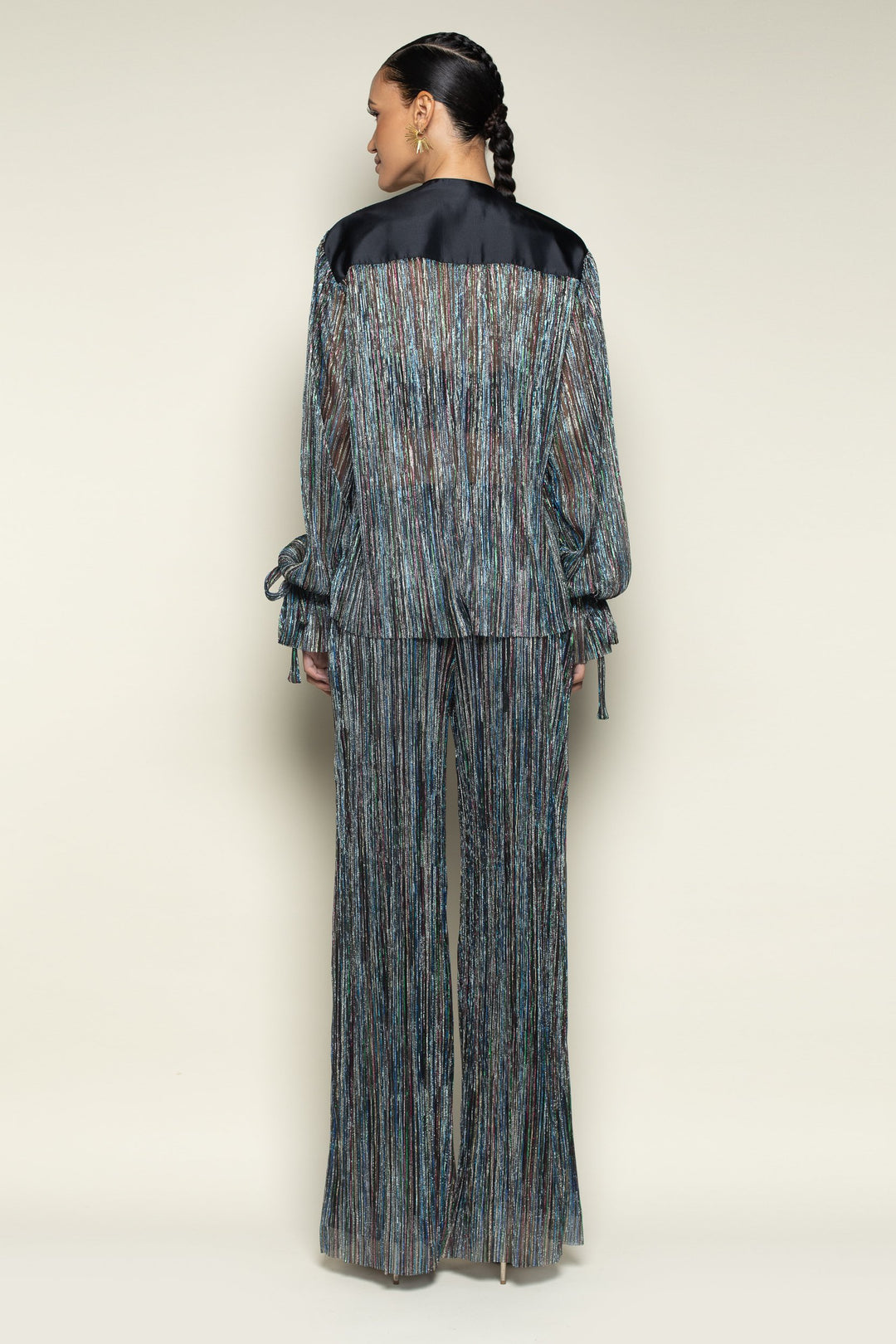 Rainbow Shimmer Pleated Tie Sleeve Tuxedo Top