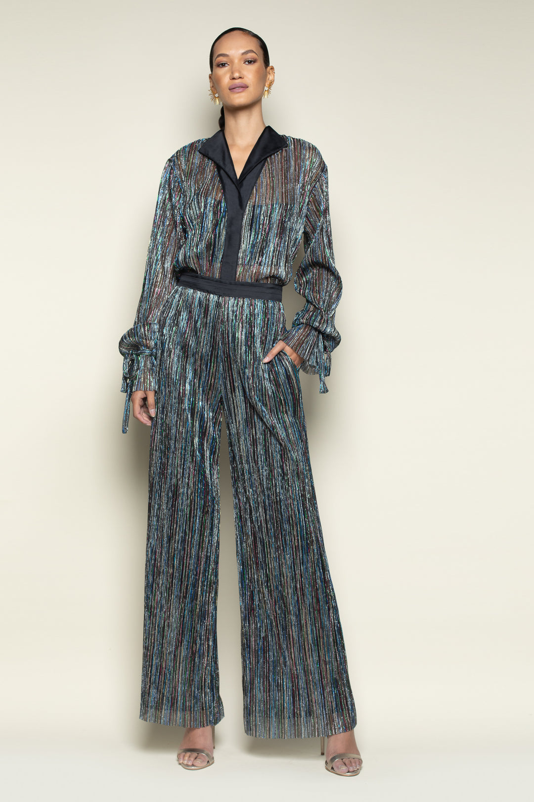 Rainbow Shimmer Pleated Wide Leg Tuxedo Pant - front view