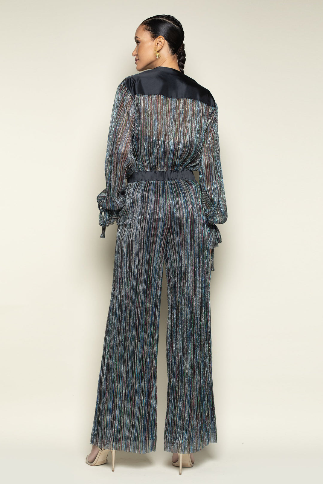 Rainbow Shimmer Pleated Tie Sleeve Tuxedo Top