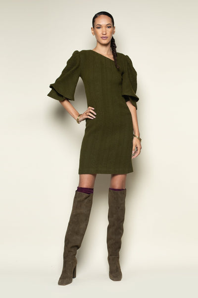 Front View of Olive Cable Knit Dress Showcasing Fall Perfect Look of Statement Sleeves and Intricate Details of Cable and Jacquard Knit