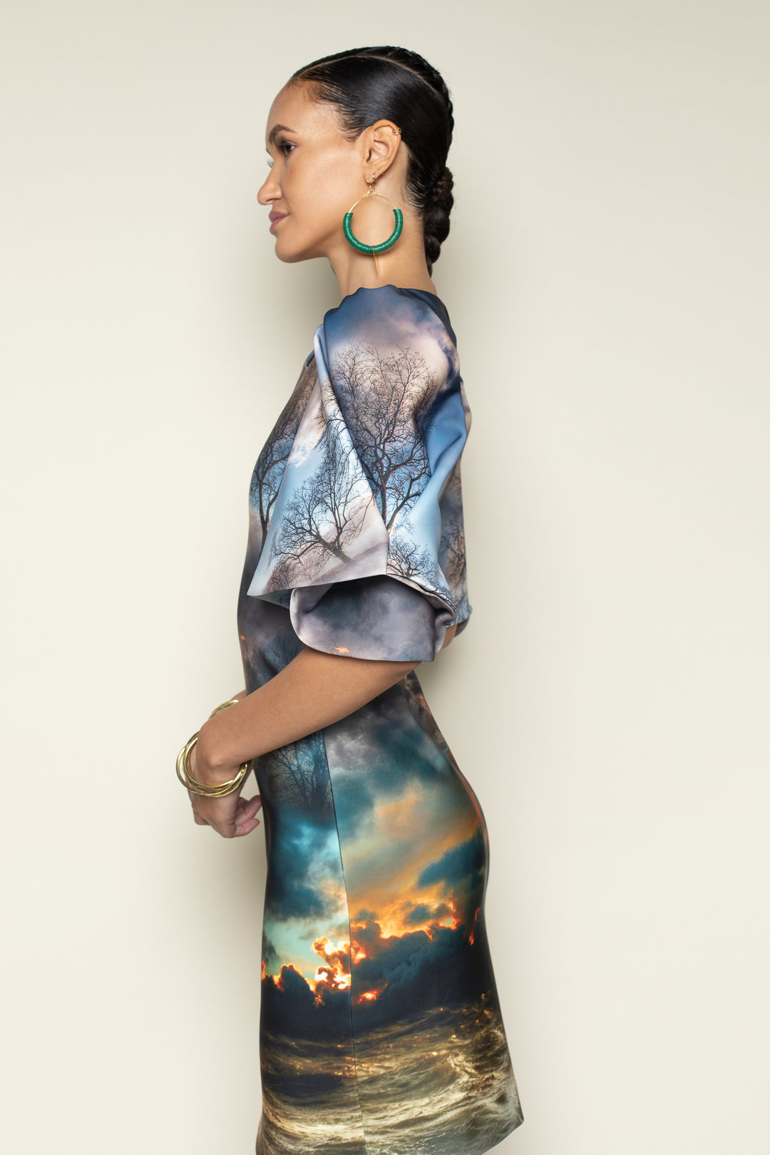 Chaos Print Pleated Fan Sleeve Dress left view 