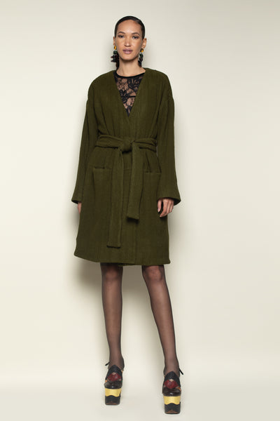 100% lined soft, cable knitted knee length olive color robe with big pockets, cozy fabric, deep side pockets and a wait tie belt.