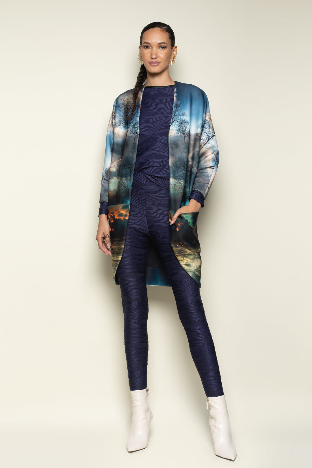 Chaos Print Big Pocket Neoprene Kimono - front view