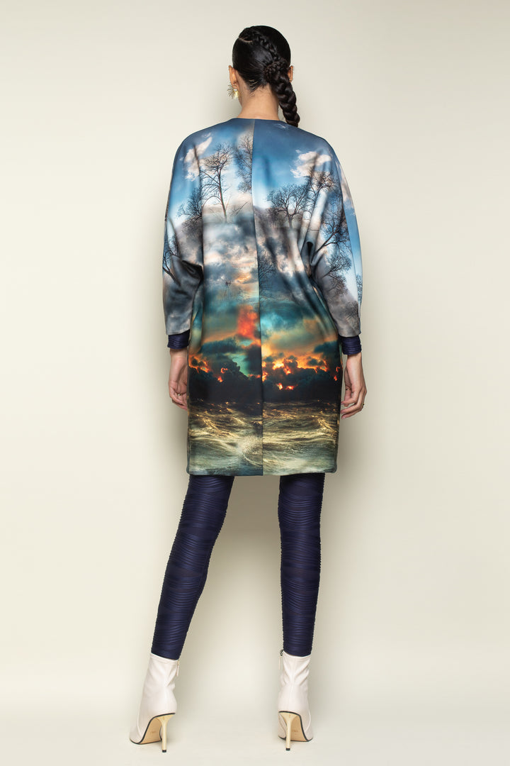 Full back View of Chaos Print Kimono Showcasing shades of Blue, Trees, lava, Water and elements representing Chaos In Nature