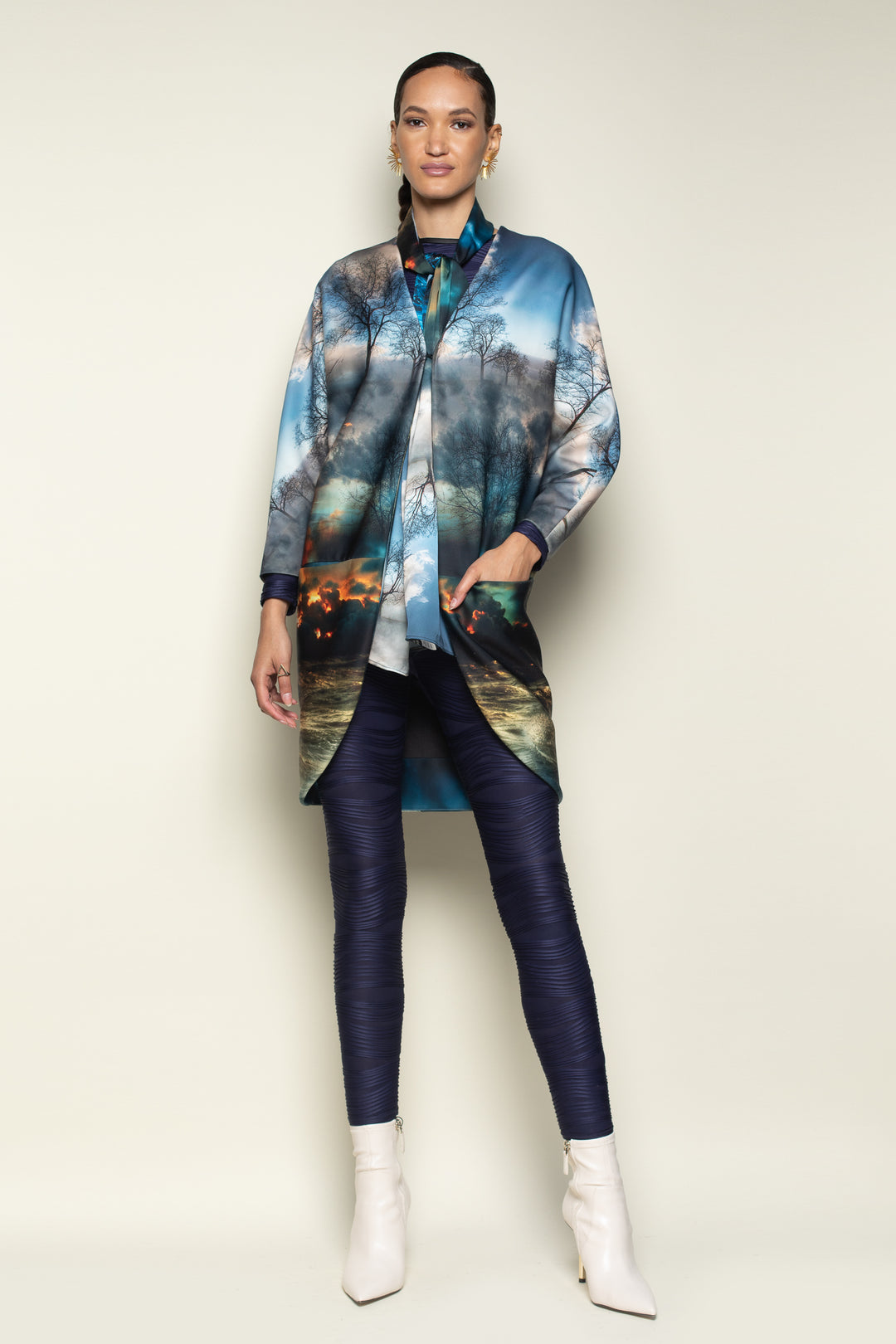 Chaos Print Big Pocket Neoprene Kimono - front view 7