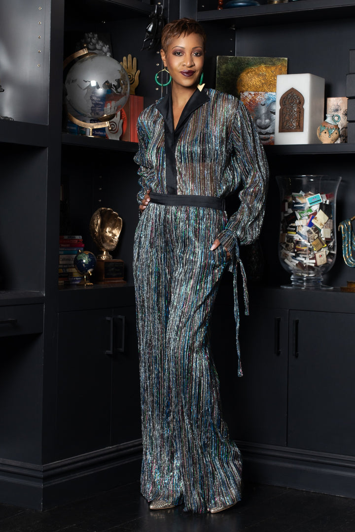 Rainbow Shimmer Pleated Tie Sleeve Tuxedo Top - front view 3