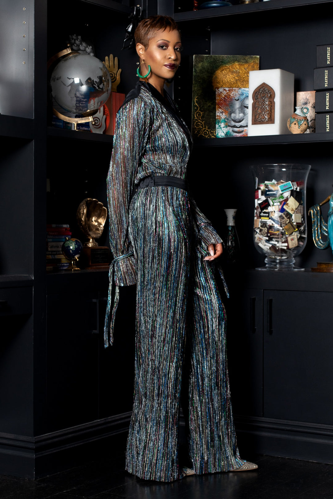 Rainbow Shimmer Pleated Wide Leg Tuxedo Pant - right solder view