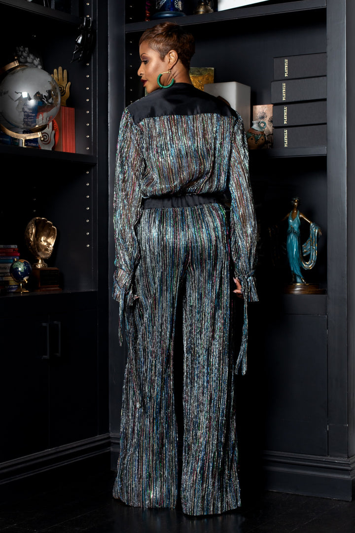 Rainbow Shimmer Pleated Tie Sleeve Tuxedo Top - back view 2