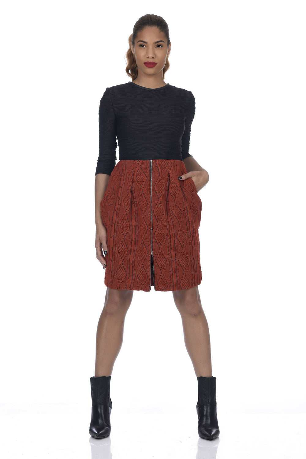 Burnt Orange 2-Way Zipper Front Cable Knit Skirt - Front View 2