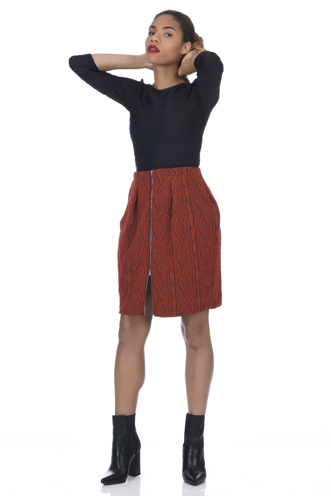 Burnt Orange 2-Way Zipper Front Cable Knit Skirt - Shoulder Up