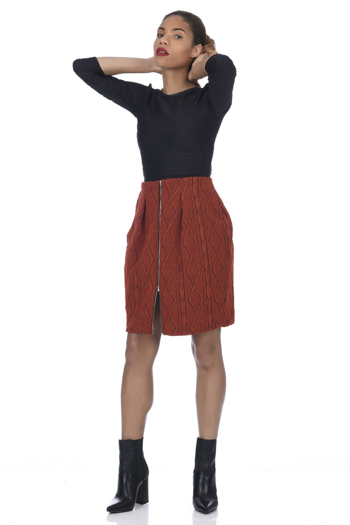 Burnt Orange 2-Way Zipper Front Cable Knit Skirt - Shoulder Up