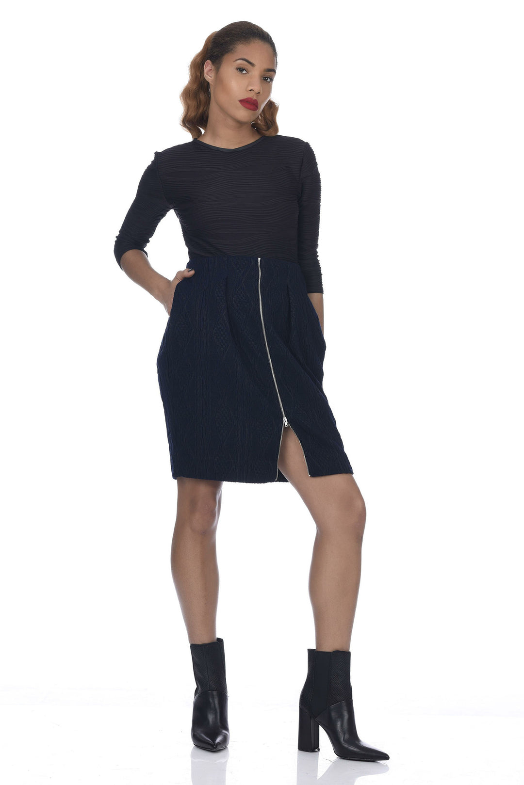 Navy 2-Way Zipper Front Cable Knit Skirt - front view 1 
