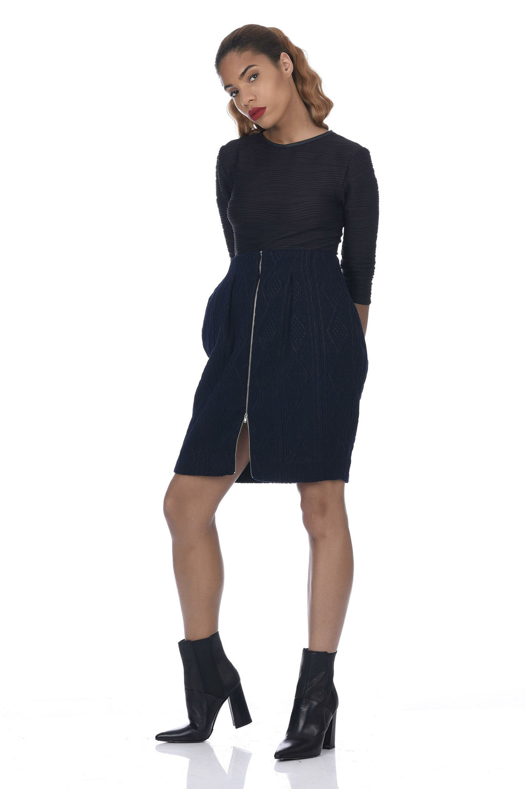 Navy 2-Way Zipper Front Cable Knit Skirt - front view 2