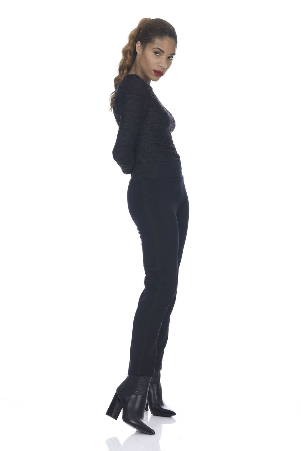 Navy Gabardine Banded Waist Tuxedo Slim Pant - right view