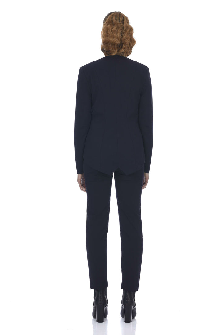 Navy Gabardine Banded Waist Tuxedo Slim Pant - back view
